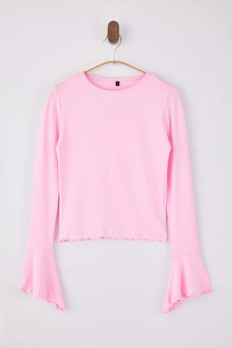 Ac?k Pembe Fitted/Vucuda Oturan Volanl?/F?rf?rl? Yumusak Orme Bluz TWOSS26BZ00152