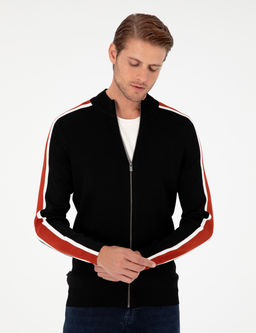 Siyah Slim Fit Y_n Kar___ml_ Fermuarl_ Triko H_rka