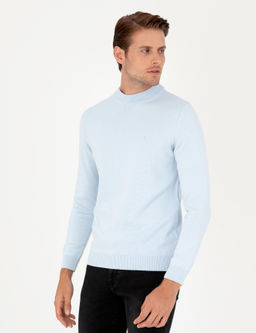 A__k Mavi Slim Fit Yar_m Bal_k__ Yaka Basic Triko Kazak
