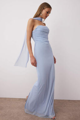 Ac?k Mavi Fularl? Tul Orme Maxi Abiye Gece Mezuniyet Elbisesi TPRSS25AE00056