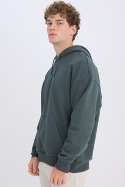 Oversize Genis Kal?p Kapusonlu Kanguru Cepli Basic Duz Sweatshirt