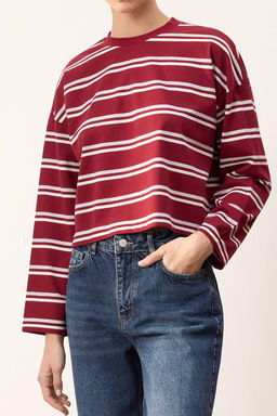 Wardrobe Essentials-Bordo Cizgili Relaxed/Rahat Kal?p Orme T-Shirt TWOSS26TS00019