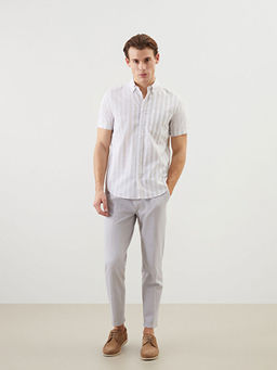 Regular Fit K?sa Kollu ?izgili Keten Kar???ml? Erkek G?mlek