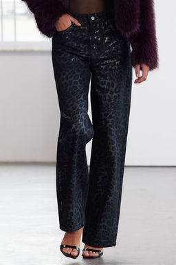 Limited Edition Cok Renkli Leopar Varak Bask?l? Yuksek Bel Wide Leg Jeans TWOAW25JE00071