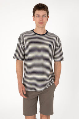 Erkek Comfort Fit Bisiklet Yaka Lacivert _rg_ Desenli Ti__rt
