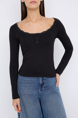 Teen Siyah Havuz Yaka Dugmeli Dantel Detayl? Vucuda Oturan Esnek Orme Bluz TWOAW26BZ00106 - Trendyolmilla фото 11