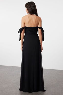 TRENDYOLMILLA Siyah A-Kesim Carmen Yaka Dokuma Sifon S?k Abiye & Mezuniyet Elbise TPRSS24AE00222 фото 5