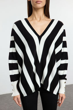 Siyah Derin V Yaka Cizgili Triko Kazak TWOAW25KZ00390 - Trendyolmilla фото 3