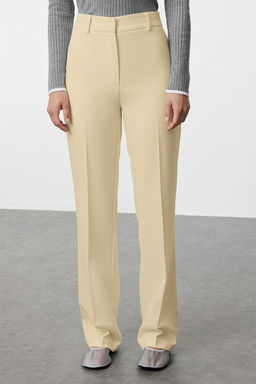 Bej Straight/Duz Kesim Yuksek Bel Nervur Dikisli Dokuma Pantolon TWOSS21PL0093