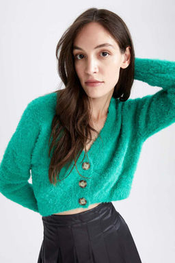 Кардиган стандартного кроя с V-образным вырезом - Defacto фото 3