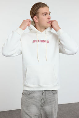 TRENDYOL MAN Ekru Oversize/Genis Kesim Kabartma Bask? ve S?rt Nak?s Detayl? Ici Polar Sweatshirt TMNAW25SW00072 - Trendyolmilla фото 2