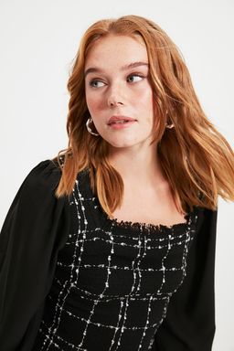 TRENDYOLMILLA Siyah Tuvit A Kesim Mini Sifon Kol Detayl? Dokuma Elbise TWOAW21EL0532  фото 8