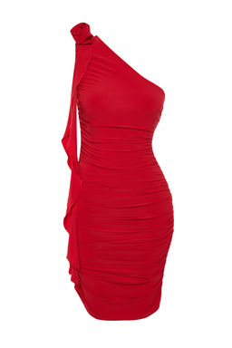 TRENDYOLMILLA K?rm?z? Drapeli Gul ve F?rf?rl? Orme K?sa S?k Abiye Elbise TPRSS24EL00009  фото 7