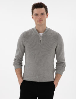 Gri Melanj Slim Fit Fermuarl_ Dik Yaka Kazak