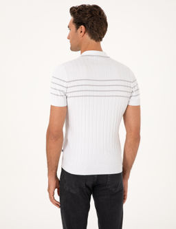 Beyaz Slim Fit %100 Pamuk Fermuarl_ Polo Yaka Triko T-shirt