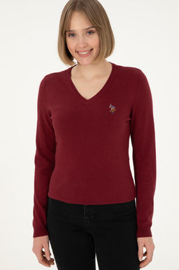 Женский бордовый базовый свитер с v-образным вырезом Неожиданная скидка в корзине - U.s. polo assn фото 3