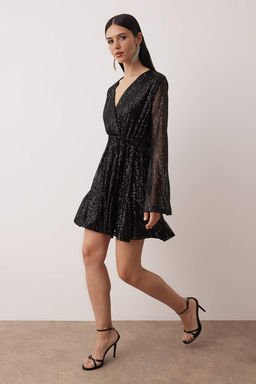 Siyah Etegi Godeli Payet K?sa / Mini Astarl? Party Elbise TPRAW26EL00122