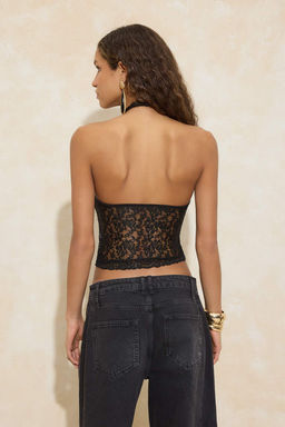 Siyah Dantel Yar?m Astarl? Halter Yaka Party Bluz TPRSS26BZ00003