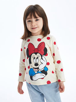 Bisiklet Yaka Uzun Kollu Minnie Mouse Bask?l? K?z Bebek Ti??rt