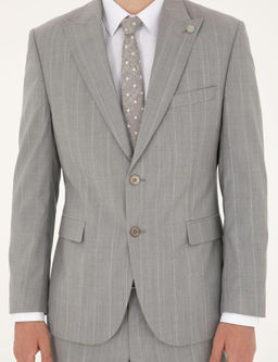 Gri Slim Fit _izgili Y_n Tak_m Elbise