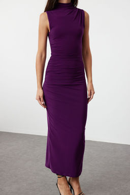 TRENDYOLMILLA Siyah S?f?r Kol Drapeli Bodycone/Vucuda Oturan Esnek Orme Maxi Kalem Elbise TWOSS24EL00101  фото 12