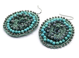 Серьги авторские овал с цирконами и турквенитом в оплетении цв.бирюзовый