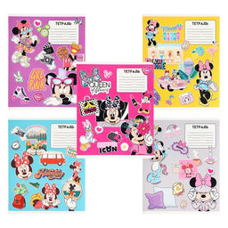 Цена за 18 шт. Тетрадь в клетку 12 листов, 5 видов МИКС, обложка мелованный картон, «Минни Маус»