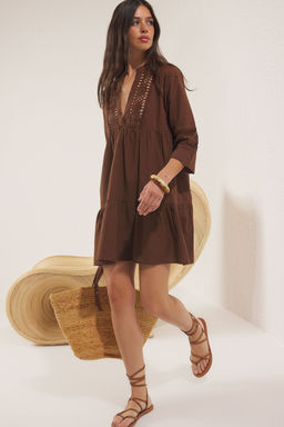 Kahverengi Dokuma Dantel %100 Pamuk Plaj Mini Elbise TBESS20EL0854