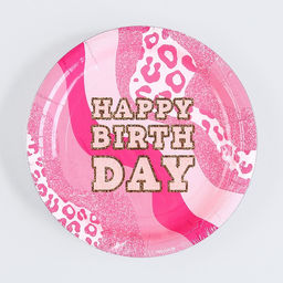 Цена за 10 шт. Тарелка бумажная Happy Birthday, фуксия, 18 см - Страна карнавалия фото 5
