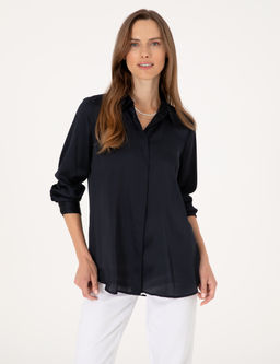 Lacivert Comfort Fit Saten Uzun Kollu G_mlek