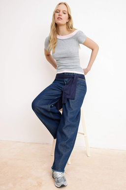 Gri Melanj Fitted/Vucuda Oturan Asimetrik Yaka K?sa Kollu Pamuk Ribana Orme Bluz TWOSS26BZ00522 - Trendyolmilla фото 2