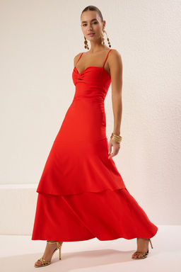 TRENDYOLMILLA Nar Cicegi A-Kesim Cut Out/Pencere Detayl? Dokuma Uzun S?k Abiye Elbise TPRSS25AE00048  фото 2