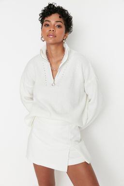 Ekru Yumusak Dokulu Fermuarl? Triko Kazak TWOAW20XS0009