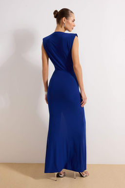 Saks Vucuda Oturan Drapeli Dokuma Uzun S?k Abiye Elbise TPRSS24AE00226