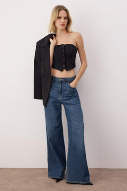 Trendyolmilla Siyah Straplez Dugme Detayl? Crop Dokuma Bluz TWOAW24BZ00421  фото 16