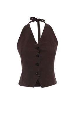Koyu Kahverengi Fitted Boyundan Baglamal? Tencel Yelek TWOSS26YE00039