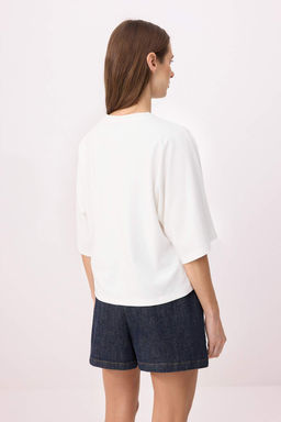 Ekru Oversize/Genis Kal?p Yarasa Kol K?sa Kollu Interlok Orme T-Shirt TWOSS26TS00143 - Trendyolmilla фото 4