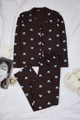 Kahverengi-Mavi %100 Pamuklu Kalp Desenli Orme Pijama Tak?m? THMAW21PT0548