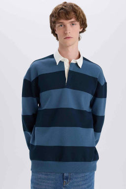 Boxy Fit Polo Yaka Cizgili Sweatshirt - Defacto фото 3