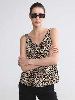 V Yaka Leopar Desenli Bluz