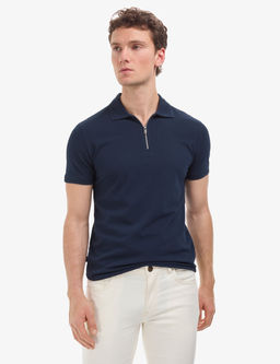 Lacivert Slim Fit %100 Pamuk K_vr_lmaz Fermuarl_ Polo Yaka Basic Ti__rt