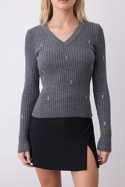 Antrasit Fitted/Vucuda Oturan Premium Iplik/Ozel Iplikli Tas Islemeli Triko Kazak TWOAW26KZ00005 - Trendyolmilla фото 3