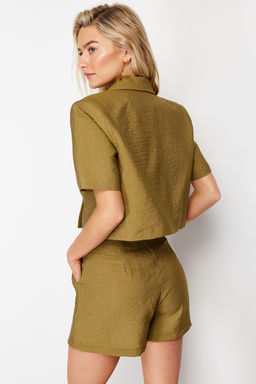 Haki Dokuma K?sa Kollu Keten Gorunumlu Blazer Ceket TWOSS24BC00023 - Trendyolmilla фото 5