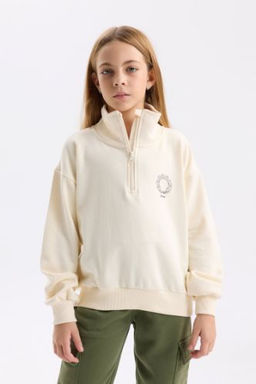 K?z Cocuk Relax Fit Dik Yaka Yar?m Fermuarl? Bask?l? Sweatshirt