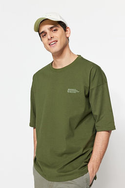 Haki Oversize/Geni_ Kesim %100 Pamuklu Bisiklet Yaka Minimal Yaz_ Bask_l_ T-Shirt TMNSS23TS00084