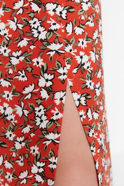 Kiremit Y?rtmac Detayl? Cicek Desenli Viskon Kumasl? Midi Boy Dokuma Etek TWOSS20ET0230