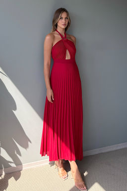 K?rm?z? Piliseli Cut Out Aksesuar Detayl? Sifon Midi Astarl? Elbise TPRSS25EL00327