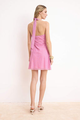 Pembe Puantiyeli A-Kesim/Can Form Degaje Yaka Dikis Detayl? Mini Tul Orme Elbise TWOSS26EL00209