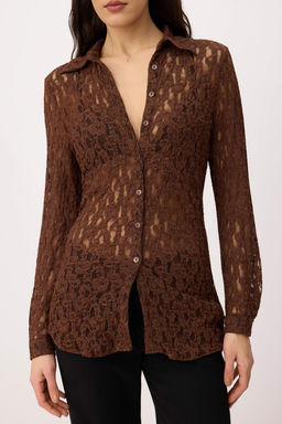 Kahverengi Duz Fitted/Vucuda Oturan Gomlek Yaka Uzun Kol Dantel Orme Gomlek TWOSS26GO00173