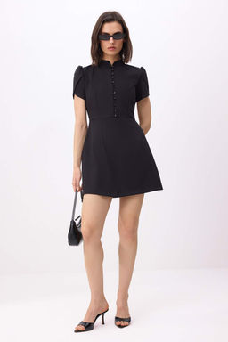 Siyah Balon Kollu Dugmeli Mini Dokuma Elbise TWOSS26EL00624 - Trendyolmilla фото 2